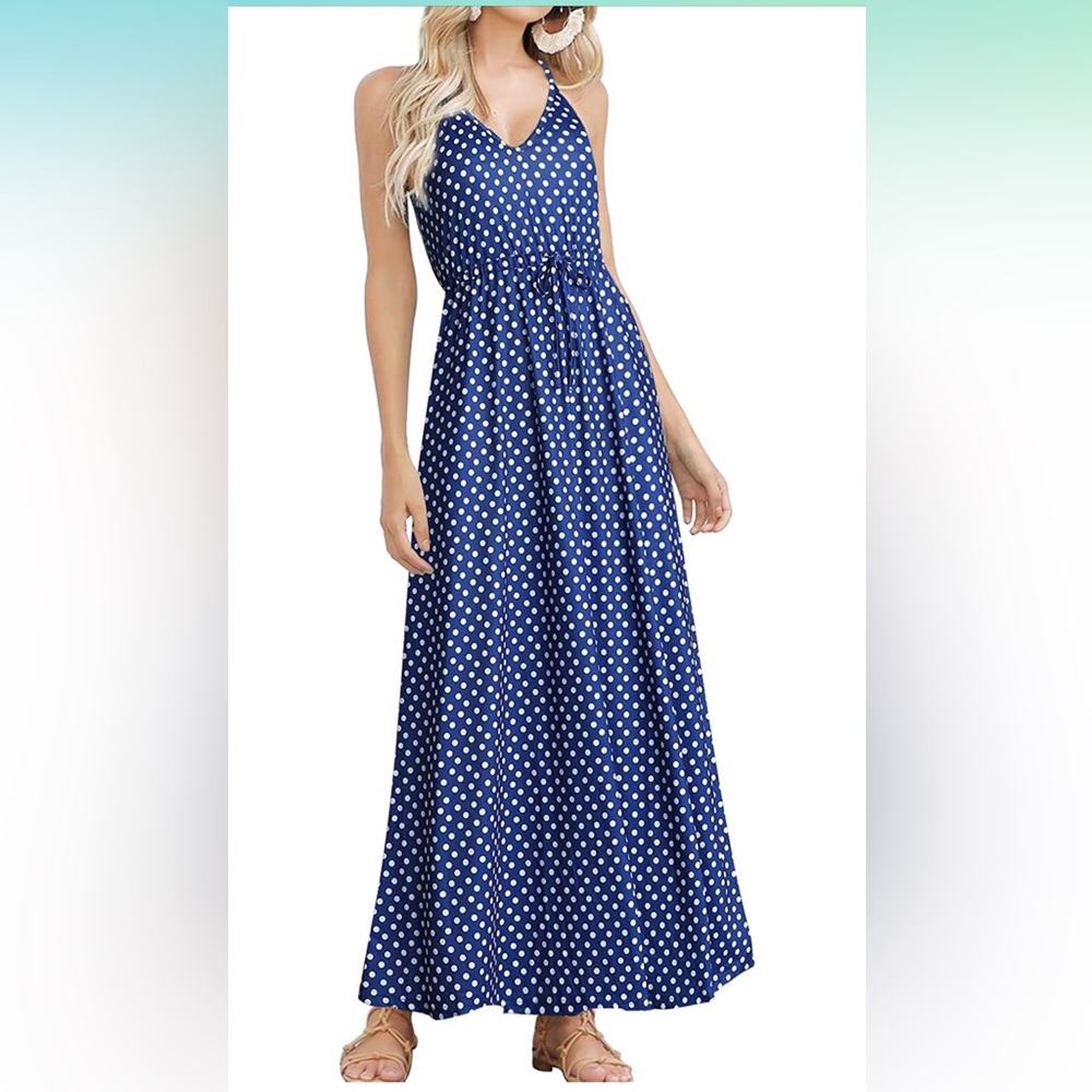 HUSKARY Womens Sleeveless V Neck Spaghetti Strap Pockets Summer Maxi Dress
